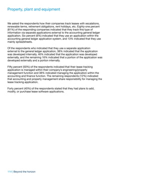 Property, plant and equipment


We asked the respondents how their companies track leases with escalations,
renewable terms, retirement obligations, rent holidays, etc. Eighty-one percent
(81%) of the responding companies indicated that they track this type of
information via separate applications external to the accounting general ledger
application. Six percent (6%) indicated that they use an application within the
accounting general ledger application system, and 13% indicated that they use
mainly spreadsheets.

Of the respondents who indicated that they use a separate application
external to the general ledger application, 38% indicated that the application
was developed internally, 46% indicated that the application was developed
externally, and the remaining 16% indicated that a portion of the application was
developed externally and a portion internally.

Fifty percent (50%) of the respondents indicated that their lease tracking
application is managed within their company’s engineering/property
management function and 38% indicated managing the application within the
accounting and finance function. The remaining respondents (12%) indicated
that accounting and property management share responsibility for managing the
lease tracking application.

Forty percent (40%) of the respondents stated that they had plans to add,
modify, or purchase lease software applications.




114 | Beyond the horizon
 