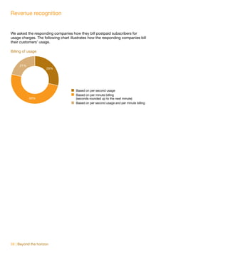 Revenue recognition


We asked the responding companies how they bill postpaid subscribers for
usage charges. The following chart illustrates how the responding companies bill
their customers’ usage.

Billing of usage


     21%
                     29%




                                      Based on per second usage
                                      Based on per minute billing
           50%                        (seconds rounded up to the next minute)
                                      Based on per second usage and per minute billing




58 | Beyond the horizon
 