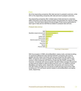 Data
All of the responding companies offer data services to postpaid customers, while
94% of the responding companies offer data services to prepaid customers.

The responding companies offer multiple types of data services to customers.
SMS continues to be the data revenue stream that generates the majority of data
revenue. The chart below depicts the percentage of total revenue generated for
each type of data service identified as related to postpaid data services.

Postpaid data revenue


                          SMS                                              43%

BlackBerry based email and web                   19%

                         Other           11%

                  Laptop cards          9%

                  Data bundles     4%

  Internet access from handsets    4%

                       Pictures   3%

                    Ring tones    3%

                        Games     2%

                 Premium SMS      2%

                                               Percentage of respondents



With the exception of SMS, phone/BlackBerry, laptop cards, and data bundling,
no significant differences were reported between companies with revenue
greater than $5.0 billion and those with revenue of less than $5.0 billion. For
SMS, companies with revenue greater than $5.0 billion average 34% of data
revenue, while companies with revenue of less than $5.0 billion average 51%.
However, companies with revenue greater than $5.0 billion average nine percent
of data revenue related to data bundling and 23% and 11% related to phone/
BlackBerry and laptop cards, respectively. Companies with revenue of less
than $5.0 billion average only one percent of data services revenue from data
bundling and 15% and seven percent related to phone/BlackBerry and laptop
cards, respectively.




PricewaterhouseCoopers 2008 Global Wireless Industry Survey                      | 81
 