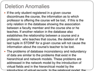 Deletion Anomalies
 If the only student registered in a given course
discontinues the course, the information as to which
professor is offering the course will be lost, if this is the
only relation in the database showing the association
between a faculty member and the course she or he
teaches. If another relation in the database also
establishes the relationship between a course and a
professor, who teaches that course, the deletion of the
last tuple in STDINF for a given course will not cause the
information about the course's teacher to be lost.
 The problems of database inconsistency and redundancy
of data are similar to the problems that exist in the
hierarchical and network models. These problems are
addressed in the network model by the introduction of
virtual fields and in the hierarchical model by the
 