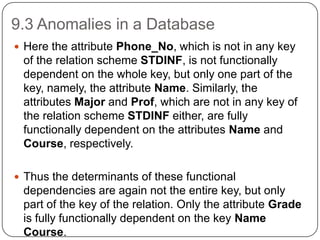 9.3 Anomalies in a Database
 Here the attribute Phone_No, which is not in any key
of the relation scheme STDINF, is not functionally
dependent on the whole key, but only one part of the
key, namely, the attribute Name. Similarly, the
attributes Major and Prof, which are not in any key of
the relation scheme STDINF either, are fully
functionally dependent on the attributes Name and
Course, respectively.
 Thus the determinants of these functional
dependencies are again not the entire key, but only
part of the key of the relation. Only the attribute Grade
is fully functionally dependent on the key Name
Course.
 