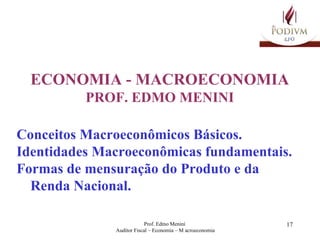 ECONOMIA - MACROECONOMIA PROF. EDMO MENINI Conceitos Macroeconômicos Básicos. Identidades Macroeconômicas fundamentais.  Formas de mensuração do Produto e da Renda Nacional. 