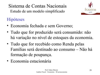 Sistema de Contas Nacionais Estudo de um modelo simplificado Hipóteses Economia fechada e sem Governo; Tudo que for produzido será consumido: não há variação no nível de estoques da economia. Tudo que for recebido como Renda pelas Famílias será destinado ao consumo – Não há formação de poupança. Economia estacionária 