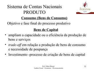 Sistema de Contas Nacionais PRODUTO Consumo (Bens de Consumo) Objetivo e fase final do processo produtivo Bens de Capital ampliam a capacidade ou a eficiência da produção de bens e serviços trade-off  em relação a produção de bens de consumo e necessidade de poupança Investimento -processo de criação de bens de capital  