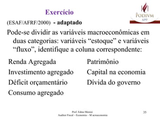 Exercício (ESAF/AFRF/2000)  - adaptado Pode-se dividir as variáveis macroeconômicas em duas categorias: variáveis “estoque” e variáveis “fluxo”, identifique a coluna correspondente: Renda Agregada Investimento agregado Déficit orçamentário Consumo agregado Patrimônio Capital na economia Dívida do governo 