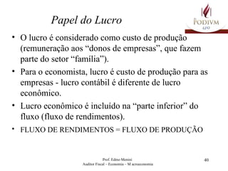 Papel do Lucro O lucro é considerado como custo de produção (remuneração aos “donos de empresas”, que fazem parte do setor “família”). Para o economista, lucro é custo de produção para as empresas - lucro contábil é diferente de lucro econômico. Lucro econômico é incluído na “parte inferior” do fluxo (fluxo de rendimentos). FLUXO DE RENDIMENTOS = FLUXO DE PRODUÇÃO   