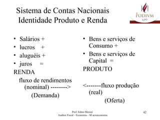 Salários + lucros  + aluguéis + juros  = RENDA fluxo de rendimentos (nominal) -------->  (Demanda) Bens e serviços de Consumo + Bens e serviços de Capital  = PRODUTO <-------fluxo produção (real) (Oferta) Sistema de Contas Nacionais Identidade Produto e Renda 