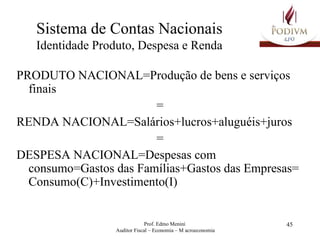 PRODUTO NACIONAL=Produção de bens e serviços finais = RENDA NACIONAL=Salários+lucros+aluguéis+juros = DESPESA NACIONAL=Despesas com consumo=Gastos das Famílias+Gastos das Empresas= Consumo(C)+Investimento(I) Sistema de Contas Nacionais Identidade Produto, Despesa e Renda 