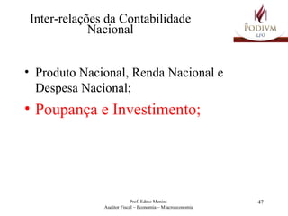 Inter-relações da Contabilidade Nacional Produto Nacional, Renda Nacional e Despesa Nacional; Poupança e Investimento; 