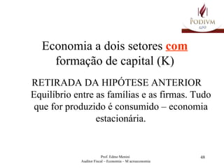 Economia a dois setores  com  formação de capital (K) RETIRADA DA HIPÓTESE ANTERIOR Equilíbrio entre as famílias e as firmas. Tudo que for produzido é consumido – economia estacionária. 