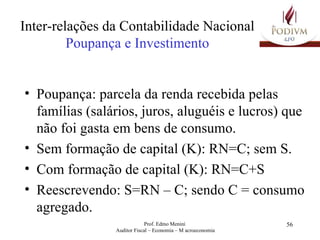 Inter-relações da Contabilidade Nacional Poupança e Investimento Poupança: parcela da renda recebida pelas famílias (salários, juros, aluguéis e lucros) que não foi gasta em bens de consumo. Sem formação de capital (K): RN=C; sem S. Com formação de capital (K): RN=C+S Reescrevendo: S=RN – C; sendo C = consumo agregado. 
