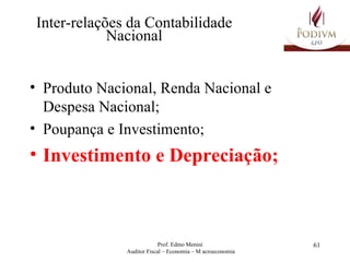 Inter-relações da Contabilidade Nacional Produto Nacional, Renda Nacional e Despesa Nacional; Poupança e Investimento; Investimento e Depreciação; 