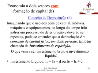 Economia a dois setores  com   formação de capital (k) Conceito de Depreciação  (d) Imaginando que o uso dos bens de capital, imóveis, máquinas e equipamentos, ao longo do tempo irão sofrer um processo de deterioração e deverão ser repostos, pode-se entender que a depreciação  é o consumo de capital físico, em dado período,  também chamada de  Investimento de reposição. O que vem a ser investimento bruto e investimento líquido?  Investimento Líquido: I L  = I B  – d ou I B  = I L  + d 