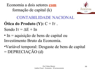 CONTABILIDADE NACIONAL Ótica do Produto (Y):  C + I T  . Sendo I T  =  Δ E +  I B I B  = aquisição de bens de capital ou Investimento Bruto da Economia.  Variável temporal: Desgaste de bens de capital = DEPRECIAÇÃO (d) Economia a dois setores  com   formação de capital (k) 