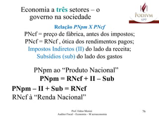 Economia a  três  setores – o governo na sociedade Relação  PNpm X PNcf PNcf = preço de fábrica, antes dos impostos; PNcf = RNcf , ótica dos rendimentos pagos; Impostos Indiretos (II)  do lado da receita; Subsídios (sub)  do lado dos gastos PNpm ao “Produto Nacional”  PNpm = RNcf + II – Sub PNpm – II + Sub = RNcf RNcf à “Renda Nacional” 