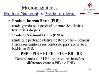 Macromagnitudes Produto Nacional   x  Produto Interno Produto Interno Bruto (PIB): renda gerada pela produção dentro dos limites territoriais do país. Produto Nacional Bruto (PNB): renda que pertence efetivamente ao país – pessoas físicas ou jurídicas residentes no país, soma-se a RLFE ao PIB. PNB = PIB + RLFE = PIB + RR - RE Dependendo da RLFE, pode-se ter situações diferentes entre o PIB e o PNB. 