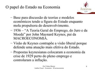 O papel do Estado na Economia Base para discussão de teorias e modelos econômicos tendo a figura do Estado enquanto mola propulsora do desenvolvimento. 1936 – “A Teoria Geral do Emprego, do Juro e da Moeda” por John Maynard Keynes, pai da MACROECONOMIA. Visão de Keynes contrapõe a visão liberal porque defende uma atuação mais efetiva do Estado. Propostas keynesianas colocaram a economia da crise de 1929 perto do pleno emprego e controlaram a inflação.  