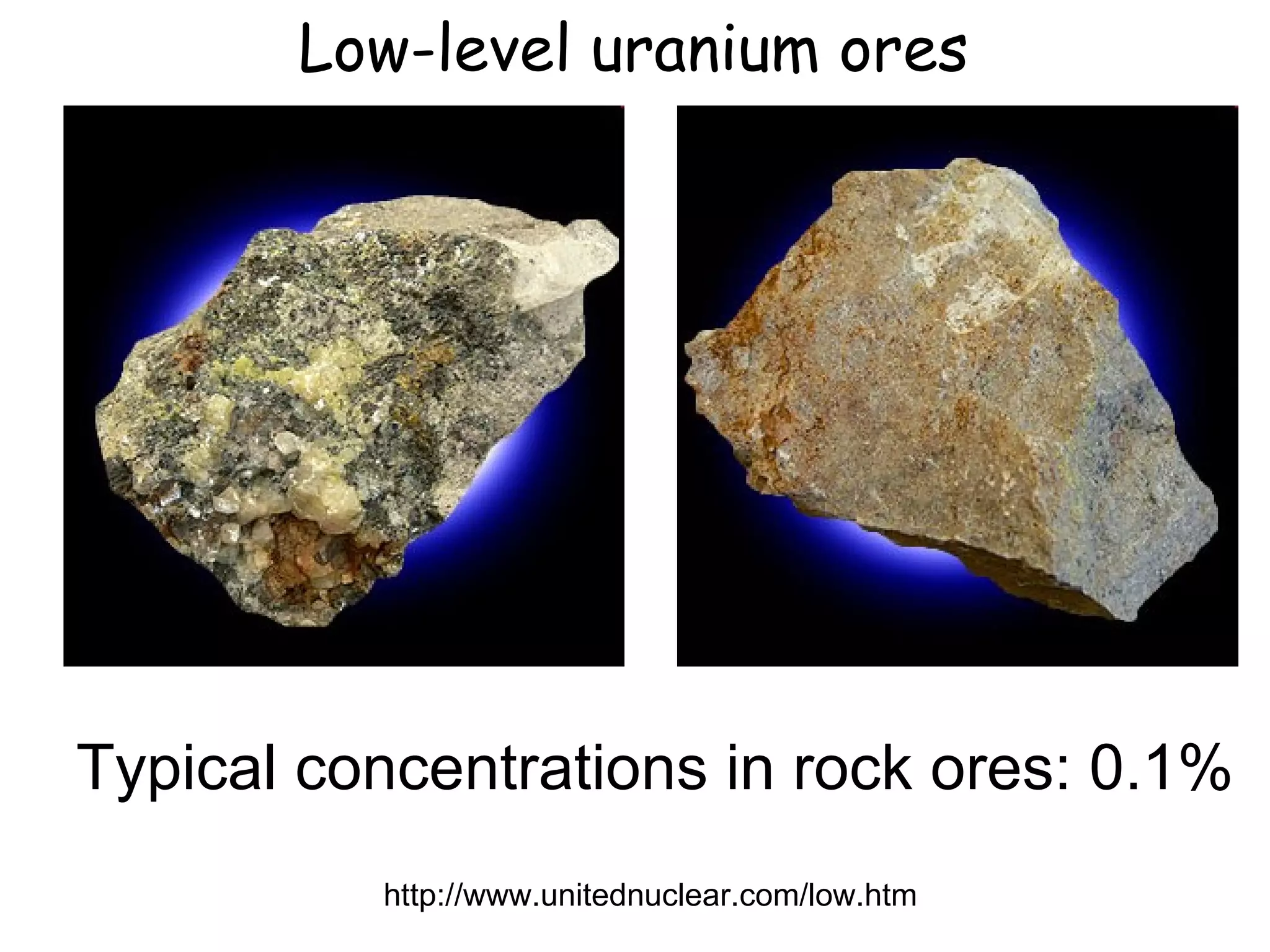 http://www.unitednuclear.com/low.htm Low-level uranium ores Typical concentrations in rock ores: 0.1% 