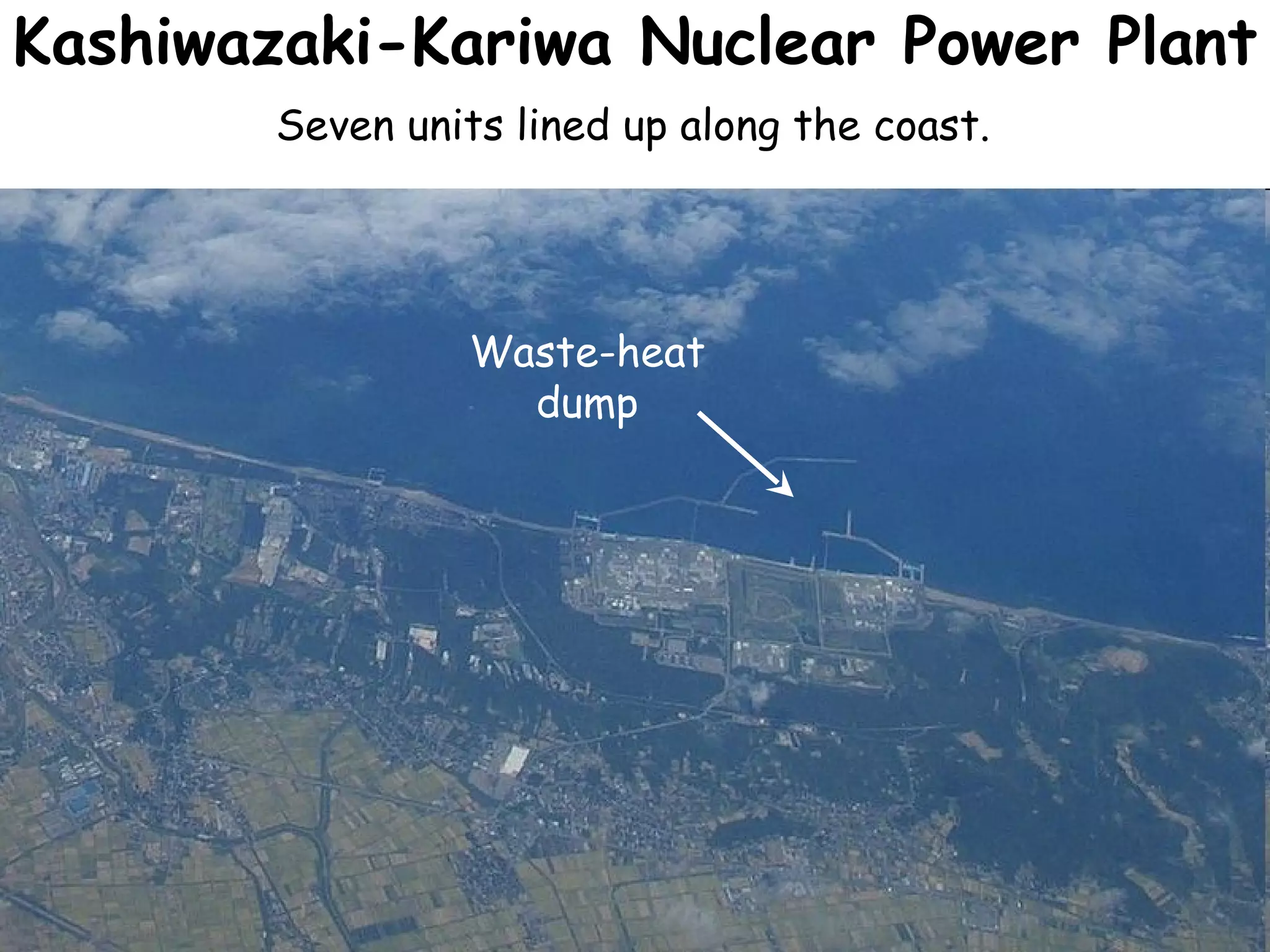 Kashiwazaki-Kariwa Nuclear Power Plant  Seven units lined up along the coast.  Waste-heat dump 