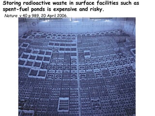Storing radioactive waste in surface facilities such as spent-fuel ponds is expensive and risky.   Nature   v 40 p 989, 20 April 2006.  