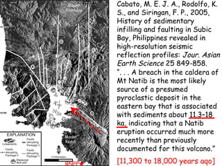 Cabato, M. E. J. A., Rodolfo, K. S., and Siringan, F. P., 2005, History of sedimentary infilling and faulting in Subic Bay, Philippines revealed in high-resolution seismic reflection profiles:  Jour. Asian Earth Science  25 849-858. “ . . . A breach in the caldera of Mt Natib is the most likely source of a presumed pyroclastic deposit in the eastern bay that is associated with sediments about 11.3–18 ka, indicating that a Natib eruption occurred much more recently than previously documented for this volcano.” [11,300 to 18,000 years aqo] BNPP 