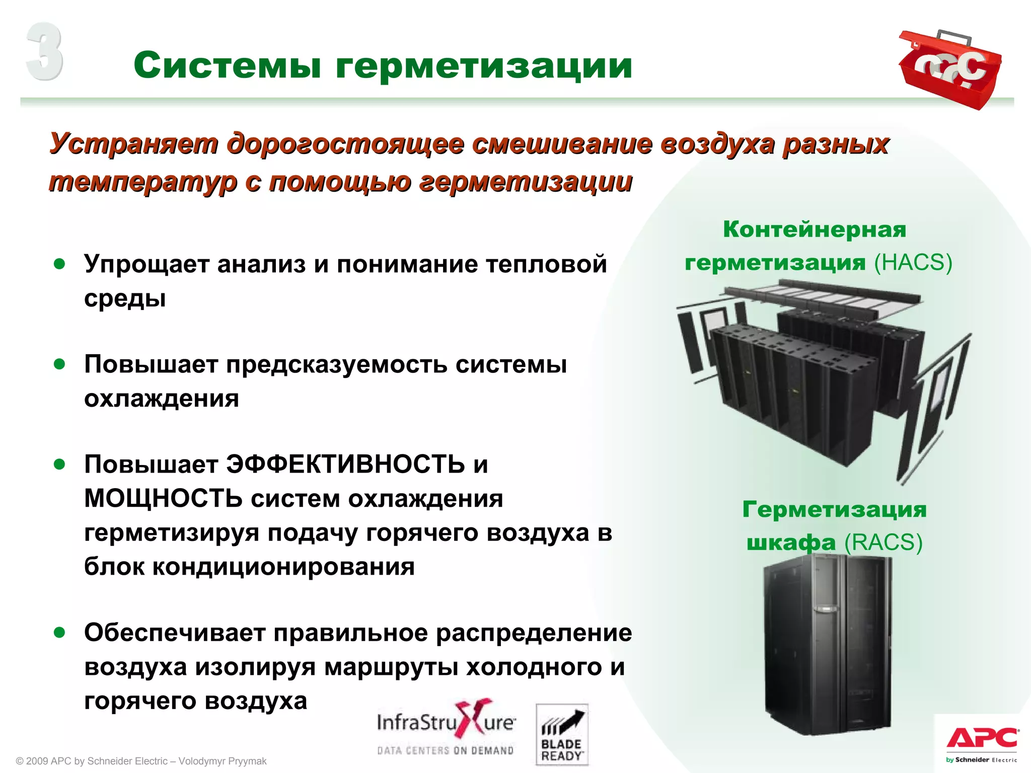 Системы герметизации Упрощает анализ и понимание тепловой среды Повышает предсказуемость системы охлаждения Повышает ЭФФЕКТИВНОСТЬ и МОЩНОСТЬ систем охлаждения герметизируя подачу горячего воздуха в блок кондиционирования Обеспечивает правильное распределение воздуха изолируя маршруты холодного и горячего воздуха Контейнерная  герметизация  (HACS) Герметизация шкафа  (RACS) 3 Устраняет дорогостоящее смешивание воздуха разн ых температур с помощью герметизации 