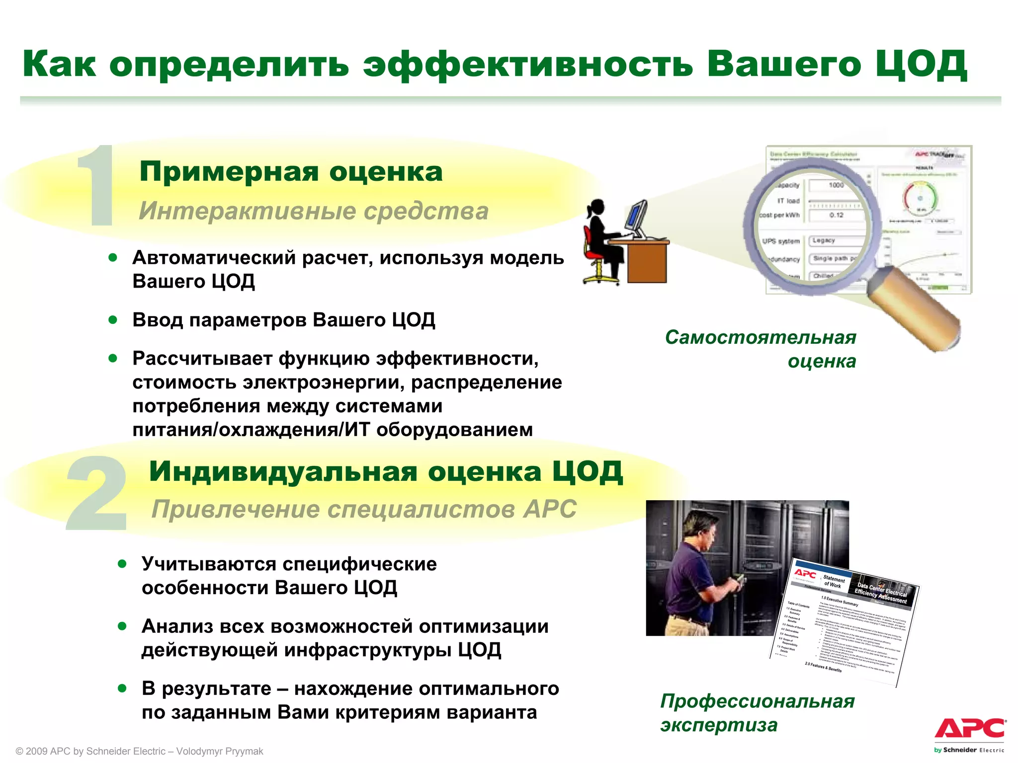 Как определить эффективность Вашего ЦОД 1 Примерная оценка 2 Индивидуальная оценка ЦОД Учитываются специфические особенности Вашего ЦОД Анализ всех возможностей оптимизации действующей инфраструктуры ЦОД В результате – нахождение оптимального по заданным Вами критериям варианта  Привлечение специалистов АРС Интерактивные средства Автоматический расчет, используя модель Вашего ЦОД Ввод параметров Вашего ЦОД Рассчитывает функцию эффективности, стоимость электроэнергии, распределение потребления между системами питания/охлаждения/ИТ оборудованием Самостоятельная оценка Профессиональная экспертиза 