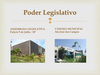 
Poder Legislativo
ASSEMBLEIA LEGISLATIVA
Palácio 9 de Julho - SP
CÂMARA MUNICIPAL
São José dos Campos
 