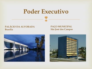 
Poder Executivo
PALÁCIO DA ALVORADA
Brasília
PAÇO MUNICIPAL
São José dos Campos
 
