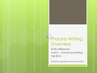 Process Writing: 
Overview 
Emily Williamson 
AACC – Advanced Writing 
Fall 2014 
(click the speaker picture for audio) 
 