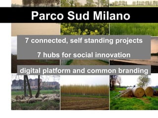 7 connected, self standing projects Parco Sud Milano  7 hubs for social innovation digital platform and common branding 