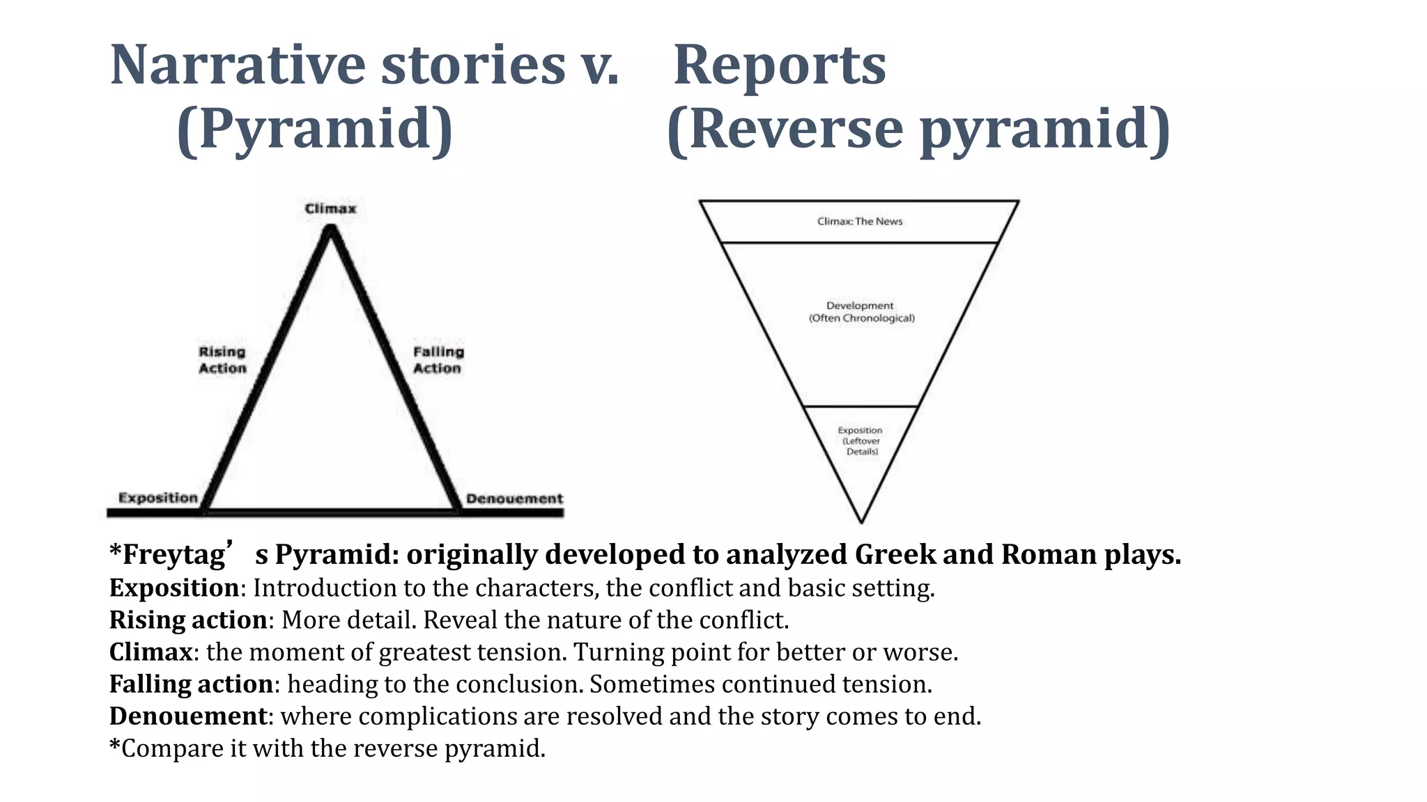 Narrative stories v. Reports
(Pyramid) (Reverse pyramid)
*Freytag’s Pyramid: originally developed to analyzed Greek and Roman plays.
Exposition: Introduction to the characters, the conflict and basic setting.
Rising action: More detail. Reveal the nature of the conflict.
Climax: the moment of greatest tension. Turning point for better or worse.
Falling action: heading to the conclusion. Sometimes continued tension.
Denouement: where complications are resolved and the story comes to end.
*Compare it with the reverse pyramid.
 