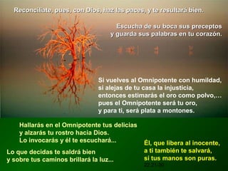Reconcíliate, pues, con Dios, haz las paces, y te resultará bien.

                                      Escucha de su boca sus preceptos
                                    y guarda sus palabras en tu corazón.




                                Si vuelves al Omnipotente con humildad,
                                si alejas de tu casa la injusticia,
                                entonces estimarás el oro como polvo,…
                                pues el Omnipotente será tu oro,
                                y para ti, será plata a montones.

    Hallarás en el Omnipotente tus delicias
    y alzarás tu rostro hacia Dios.
    Lo invocarás y él te escuchará...         Él, que libera al inocente,
Lo que decidas te saldrá bien                 a ti también te salvará,
y sobre tus caminos brillará la luz...        si tus manos son puras.
                                              22,21-30
 