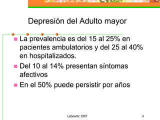 Lebowitz 19974Depresión del Adulto mayorLa prevalencia es del 15 al 25% en pacientes ambulatorios y del 25 al 40% en hospitalizados.Del 10 al 14% presentan síntomas afectivosEn el 50% puede persistir por años