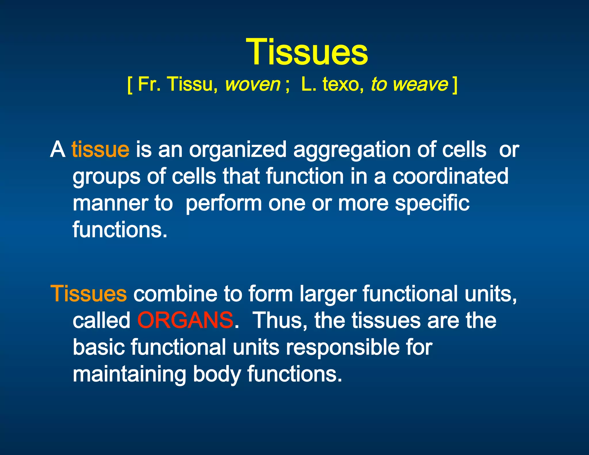 Tissues
                                      
                                                
        [ Fr. Tissu, woven ;  L. texo, to weave ]


                              
A tissue is an organized aggregation of cells  or 
                              
  groups of cells that function in a coordinated 
  manner to  perform one or more specific 
  functions. 
 
Tissues combine to form larger functional units, 
  called ORGANS.  Thus, the tissues are the 
  basic functional units responsible for 
  maintaining body functions. 
 