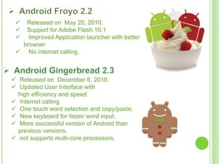  Released on May 20, 2010.
 Support for Adobe Flash 10.1
 Improved Application launcher with better
browser
 No internet calling.
 Released on December 6, 2010.
 Updated User Interface with
high efficiency and speed
 Internet calling
 One touch word selection and copy/paste.
 New keyboard for faster word input.
 More successful version of Android than
previous versions.
 not supports multi-core processors.
 