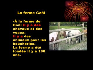 À la ferme de Goñi  il y a   des  chevaux et des veaux. Il y a  des animaux pour les boucheries. La ferme a été fondée il y a 100 ans . La ferme Goñi 