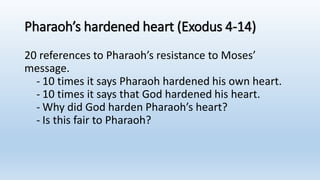 Pharaoh’s hardened heart (Exodus 4-14)
20 references to Pharaoh’s resistance to Moses’
message.
- 10 times it says Pharaoh hardened his own heart.
- 10 times it says that God hardened his heart.
- Why did God harden Pharaoh’s heart?
- Is this fair to Pharaoh?
 