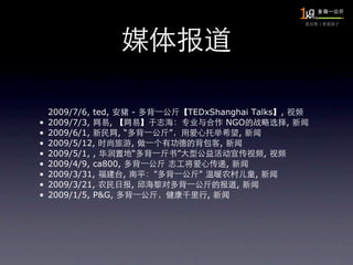 2009/7/6, ted,        -           TEDxShanghai Talks   ,
•   2009/7/3,      ,                          NGO              ,
•   2009/6/1,        ,“           ”              ,
•   2009/5/12,            ,                 ,
•   2009/5/1, ,           “         ”                 ,
•   2009/4/9, ca800,                          ,
•   2009/3/31,        ,       "         "           ,
•   2009/3/21,            ,                     ,
•   2009/1/5, P&G,                        ,
 