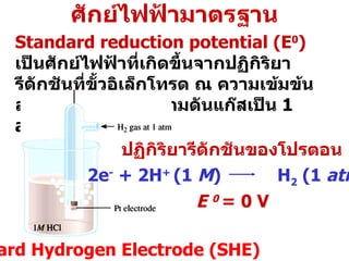 ศักย์ไฟฟ้ามาตรฐาน Standard reduction potential (E 0 )   เป็นศักย์ไฟฟ้าที่เกิดขึ้นจากปฏิกิริยารีดักชันที่ขั้วอิเล็กโทรด ณ ความเข้มข้นสารเป็น  1  M   และความดันแก๊สเป็น  1 atm E  0   = 0 V Standard Hydrogen Electrode (SHE) ปฏิกิริยารีดักชันของโปรตอน 2e -  + 2H +  (1  M )  H 2  (1  atm ) 