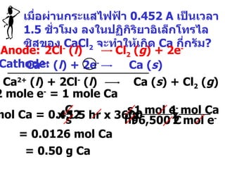 เมื่อผ่านกระแสไฟฟ้า  0.452 A  เป็นเวลา  1.5  ชั่วโมง ลงในปฏิกิริยาอิเล็กโทรไลซิสของ  CaCl 2   จะ ทำ ให้เกิด  Ca  กี่กรัม ? Anode:  Cathode: = 0.0126 mol Ca = 0.50 g Ca Ca 2+  ( l ) + 2e -   Ca ( s ) 2Cl -  ( l )  Cl 2  ( g ) + 2e - Ca 2+  ( l ) + 2Cl -  ( l )  Ca ( s ) + Cl 2  ( g ) 2 mole e -  = 1 mole Ca mol Ca = 0.452 C s x 1.5 hr x 3600 s hr 96,500 C 1 mol e - x 2 mol e - 1 mol Ca x 