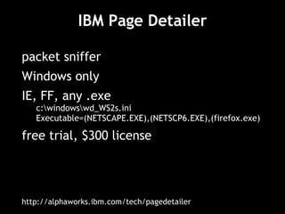 IBM Page Detailer packet sniffer Windows only IE, FF, any .exe c:\windows\wd_WS2s.ini Executable=(NETSCAPE.EXE),(NETSCP6.EXE),(firefox.exe) free trial, $300 license http://alphaworks.ibm.com/tech/pagedetailer  