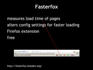 Fasterfox measures load time of pages alters config settings for faster loading Firefox extension free http://fasterfox.mozdev.org/ 