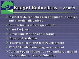 Budget Reductions –  cont’d. District-wide reductions in equipment, supplies and material allocations Contractual service expenditures Plant Projects  Curriculum Writing and Scoring  Clubs and Activities In-Service Training/Staff Development  5 th  & 7 th  Grade Swimming Assessment Certain Special Education expenditures moved to Grant due to Federal Stimulus 