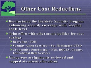 Other Cost Reductions Restructured the District’s Security Program enhancing security coverage while keeping costs level Joint effort with other municipalities for cost savings  Recycling - TOH Security Alarm Services – So. Huntington UFSD Cooperative Purchasing – NYS, BOCES, County, Educational Data Services Chaperone assignments reviewed and capped at current allocations  