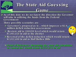 The State Aid Guessing Game As of this date we do not know the direction the Governor will take in utilizing the funds from the Federal Government Three possible scenarios are: Governor’s proposal as is…which imposes a $2.9 million deficit reduction assessment Restore aid to 2008/09 level which would return $1,903,626 in aid to the district Reversal of the deficit reduction which would return $2,932,698 in aid to Half Hollow Hills Point of Reference: Returning the state aid calculation to current law would return $4,231,218 in aid 