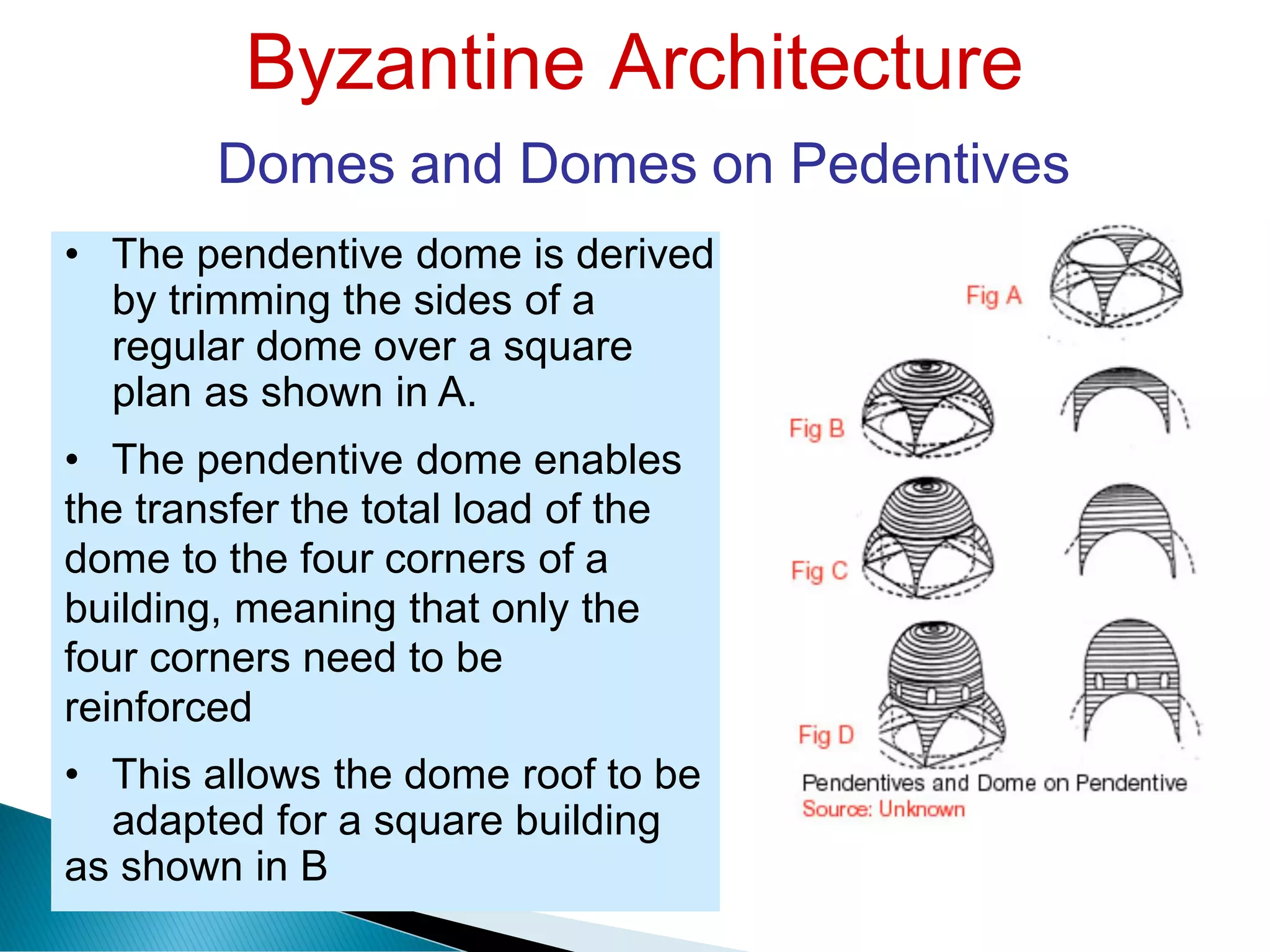 Byzantine Architecture
Domes and Domes on Pedentives
• The pendentive dome is derived
by trimming the sides of a
regular dome over a square
plan as shown in A.
• The pendentive dome enables
the transfer the total load of the
dome to the four corners of a
building, meaning that only the
four corners need to be
reinforced
• This allows the dome roof to be
adapted for a square building
as shown in B
 
