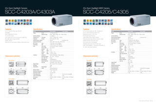22x Zoom DayNight Camera                                                                                                                                                  22x Zoom DayNight WDR Camera

SCC-C4203A/C4303A                                                                                                                                                         SCC-C4205/C4305


Features                                                       Specifications                                                                                             Features                                                   Specifications
• 1/4" 410K/470K Pixels Super HAD CCD                          Model                                      SCC-C4203A                      SCC-C4303A                      • 22x motorized optical zoom with 10x digital zoom         Model                                      SCC-C4205                          SCC-C4305
• Day/Night                                                    Image                Device                1/4" Super HAD CCD                                              • 1/4” 410K/470K Pixels Ex-View PS CCD                     Image                Device                1/4" Ex-View PS CCD
• DSP (Digital Signal Processor)                                                    Effective Pixels      NTSC : 768(H) x 494(V) / PAL : 752(H) x 582(V)                  • Horizontal resolution : 480 TV lines                                          Effective Pixels      NTSC : 768(H) x 494(V) / PAL : 752(H) x 582(V)
• 10-bit A/D converter                                         Scanning Method                            2:1 Interlace                                                   • DSP (Digital Signal Processor)                           Scanning Method                            2:1 Interlace
• 22x optical zoom(f=3.6-79.2mm)and10x digital Zoom            Scanning Line         Horizontal           NTSC :15.750KHz / PAL : 15.625Hz                                • WDR (Wide Dynamic Range), Day/Night                      Synchronization Method                     Internal                          Internal/Line lock
• Excellent signal-to-noise ratio(50dB)                        Frequency             Vertical             NTSC :60Hz / PAL : 50Hz                                         • External synchronization with line lock (SCC-C4305)      Horizontal Resolution                      480 TV Lines
• Motion detection                                             Synchronization Method                     Internal                           Internal/Line lock           • Motion detection with alarming output                    Min. Scene            Color                0.002(Sens-up 160x,15IRE)Lux
• Both RS-485 communication interface & wired remote control   Horizontal Resolution                      Color : 480 TV Lines / B/W : 350 TV Lines                       • On-screen menus (multi-language)                         Illumination          B/W                  0.0002(Sens-up 160x,15IRE)Lux
                                                               Min. Scene            Color                0.005 (Sens-up 128x,15IRE)Lux                                                                                              Lens                  Zoom Ratio           220x Zoom(22x optical, 10x digital)
                                                                                                                                                                          • Remote-control (zoom, focus, Iris open-close)
                                                               Illumination          B/W                  0.0005 (Sens-up 128x,15IRE)Lux                                                                                                                   Focal Length         3.6~79.2mm
                                                                                                                                                                          • Min. scene illumination : 0.002(color)/0.0002(B/W) Lux
                                                               Lens                  Zoom Ratio           220x Zoom(22x optical, 10x digital)                                                                                                              Aperture     Tele    F3.8
                                                                                                                                                                          • 1 Alarm output (motion detection)
                                                                                     Focal Length         3.6~79.2mm                                                                                                                                       Ratio        Wide    F1.6
                                                                                     Aperture     Tele    F3.8                                                                                                                                             Viewing      Tele    2.3˚(H) x 1.7˚(V)
                                                                                     Ratio        Wide    F1.6                                                                                                                                             Angle        Wide    47.9'(H) x 36.9˚(V)
                                                                                     Viewing      Tele    2.3˚(H) x 1.7˚(V)                                                                                                          Functions             Camera ID            Max 20 Character
                                                                                     Angle        Wide    47.9˚(H) x 36.9˚(V)                                                                                                                              High Speed Shutter   Off ~ 1/10Ksec
                                                               Functions             Camera ID            Off/On (20Characters, Position Setting)                                                                                                          BLC                  Off/On
Dimensions (unit:mm)                                                                 Electronic Shutter   Off, 1/100 ~ 10,000 sec                                         Dimensions (unit:mm)                                                             AGC                  Off/Low/High
                                                                                     BLC / AGC / PIP      Off/On                                                                                                                                           White Balance        ATW/AWC/Manual
                                                                                     White Balance        ATW/AWC/Manual                                                                                                                                   Motion Detection     Off/On
        SCC-C4203A                                                                   Motion Detection     Off/On (Area/Sensitivity Setting)                                       SCC-C4205                                                                Sens Up              Off ~ 160x
                                                                                     Sens Up              OFF/Auto(2x~128x) / Fix(2x~128x)                                                                                           Signal Output                              VBS 1.0Vp-p
                                                               Signal Output                              VBS 1.0Vp-p(75 ohm, Composite)                                                                                             S/N Ratio                                  50dB
                                                               S/N Ratio                                  50dB                                                                                                                       Operating Temperature                      -10˚C ~ +50˚C
                                                               Input/Output          Image Output         BNC                                                                                                                        Operating Humidity                         Less than 90%
                                                                                     Power                Terminal Block(2-pin)                                                                                                      Power Requirment                           DC12V                             AC24V/DC12V Compatible
                                                               Remote Control                             RS-485 (Half Duplex)                                                                                                       Power Consumption                          5.7W                              6W
                                                               Operating Temperature                      -10˚C ~ +50˚C                                                                                                              Dimensions                                 60.5(W) x 59.5(H) x 127.5(D)mm      60.5(W) x 59.5(H) x 161.5(D)mm
                                                               Operating Humidity                         Less than 90%                                                                                                              Weight                                     375g                                500g
                                                               Power Requirment                           DC12V                              AC24V / DC12V Compatible
                                                               Power Consumption                          5.0W                               5.5W
                                                               Dimensions                                 60.5(W) x 59.5(H) x 119.5(D)mm 60.5(W) x 59.5(H) x 161.5(D)mm
        SCC-C4303A                                             Weight                                     375g                               550g
                                                                                                                                                                                  SCC-C4305




                                                                                                                                                                                                                                                                                                                 Samsung Video Security System | 32 . 33
 