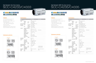 High Resolution 32x Zoom Camera                                                                                                                                                                               High Resolution WDR 32x Zoom Camera
SCC-C4233/C4333                                                                                                                                                                                               SCC-C4235/C4335


Features                                                                                                   Specifications                                                                                     Features                                                                                                   Specifications
• 1/4" 410K/470K Pixels Super-HAD IT CCD                                                                   Model                                       SCC-C4233                     SCC-C4333                • 1/4" 410K/470K Pixels Ex-View HAD PS CCD                                                                 Model                                       SCC-C4235                      SCC-C4335
• 32x Optical zoom lens (16x D-zoom)                                                                       Camera Type                                 Color                                                  • 32x Optical zoom lens (16x D-zoom)                                                                       Camera Type                                 Color
• High resolution : 540(Color)/570(BW) TV Lines                                                            Image          Device                       1/4" Super-HAD IT CCD                                  • High resolution Day/Night : 540(Color)/570(BW) TV Lines                                                  Image          Device                       1/4" Ex-View HAD PS CCD
• Min. scene illumination                                                                                                 Effective       NTSC         768(H) x 494(V)                                        • Min. scene illumination                                                                                                 Effective      NTSC          768(H) x 494(V)
  Color : 0.002 Lux(15 IRE, Sens-up 256x)                                                                                 Pixels          PAL          752(H) x 582(V)                                          Color : 0.001 Lux(15 IRE, Sens-up 256x)                                                                                 Pixels         PAL           752(H) x 582(V)
  B/W : 0.0002 Lux(15 IRE, Sens-up 256x)                                                                   Horizontal Resolution                       540(Color)/570(BW) TV Lines                              B/W : 0.0001 Lux(15 IRE, Sens-up 256x)                                                                   Horizontal Resolution                       540(Color)/570(BW) TV Lines
• Full auto focus function                                                                                 Min. Scene     Color          Sens-up Off   0.6 Lux(15IRE)                                         • Full auto focus function                                                                                 Min. Scene     Color          Sens-up Off   0.3 Lux(15IRE,Sens-up Off)
• Privacy mask zone (16 area)                                                                              Illumination                  Sens-up       0.002 Lux(15IRE)                                       • Privacy mask zone (16 area)                                                                              Illumination                  Sens-up       0.001 Lux(15IRE, Sens-up x256)
• Multi-protocol (more than 8 companies), multi-OSD                                                                       B/W            Sens-up Off   0.06 Lux(15IRE)                                        • Multi-protocol (more than 8 companies), multi-OSD                                                                       B/W            Sens-up Off   0.03 Lux(15IRE,Sens-up Off)
• Remote control(RS485), power zoom/focus control                                                                                        Sens-up       0.0002 Lux(15IRE)                                      • Remote control(RS485), power zoom/focus control                                                                                        Sens-up       0.0001 Lux(15IRE, Sens-up x256)
                                                                                                           Functions      Number of Privacy Zone       16                                                                                                                                                                Functions      Number of Privacy Zone       16
                                                                                                                          Day/Night                    Color/BW/Auto/EXT (ICR)                                                                                                                                                          Day/Night                    Color/BW/Auto/EXT (ICR)
                                                                                                                          Line Lock                    N/A                           INT/Line Lock                                                                                                                                      Line Lock                    N/A                             INT/Line Lock
                                                                                                                          White Balance                ATW1/ATW2/AWC/MANUAL                                                                                                                                                             White Balance                ATW1/ATW2/AWC/MANUAL
                                                                                                                          D-Zoom                       Yes ( ~ 16x)                                                                                                                                                                     D-Zoom                       Yes (~16x)
                                                                                                                          High Speed Shutter           Yes (OFF ~ 1/10K)                                                                                                                                                                High Speed Shutter           Yes (OFF ~ 1/10K)
                                                                                                                          Motion Detection             Yes                                                                                                                                                                              Motion Detection             Yes
                                                                                                                          Sens Up                      Yes (2x ~ 256x)                                        Dimensions (unit:mm)                                                                                                      Sens Up                      Yes (2x ~ 256x)
Dimensions (unit:mm)                                                                                                      Camera ID                    Max 20 Character                                                                                                                                                                 Camera ID                    Max 20 Character
                                                                                                                          Remote Control               RS485, Power Zoom/Focus                                                                                                                                                          Remote Control               RS485, Power Zoom/Focus
                                                                                                                          Alarm          Output        1                                                                     SCC-C4235                                                                                                  Alarm          Input         Yes
               SCC-C4233
                                                                                                           Video Output                                VBS 1.0Vp-p                                                                                                                                                                                     Output        1
                                                                                                           S/N Ratio                                   50 dB                                                                                                                                                                            Wide Dynamic Range           Yes
                                                                                                                                                                                                                                                                   RS-415
                                                                                                                                                                                                                                                                             1 2 3 4 5 6 7                 SET UP




                                                     RS-415
                                                               1 2 3 4 5 6 7                 SET UP        Lens          Focal Length                  3.55 ~ 113mm                                                                                             DATA+ DATA-
                                                                                                                                                                                                                                                                                 1. ALARM OUT
                                                                                                                                                                                                                                                                                                        PWR              Video Output                                VBS 1.0Vp-p
                                                                                                                                                                                                                                                                                 2. GND
                                                                                                                                                                                                                                                                                 3. 5V OUT




                                                                                                                         Zoom Ratio                    32x Optical, 16x Digital                                                                                                                                          S/N Ratio                                   50 dB
                                                                                          PWR                                                                                                                                                                                    4. DAY/NIGHT IN
                                                                                                                                                                                                                                                                                 5. ZOOM
                                                  DATA+ DATA-                                                                                                                                                                                                                    6. COM
                                                                   1. ALARM OUT
                                                                                                                                                                                                                                                                 GND +12V        7. FOCUS
                                                                   2. GND                                                                                                                                                                                                                            VIDEO OUT
                                                                   3. 5V OUT
                                                                   4. DAY/NIGHT IN
                                                                   5. ZOOM
                                                                   6. COM



                                                                                                                         Aperture Ratio                F1.69(W)/F4.17(T)                                                                                                                                                 Lens          Focal Length                  3.55 ~ 113mm
                                                   GND +12V        7. FOCUS
                                                                                       VIDEO OUT




                                                                                                                         Viewing          Tele         1.78˚(H) x 1.34˚(V)                                                                                                                                                             Zoom Ratio                    32x Optical, 16x Digital
                                                                                                                         Angle            Wide         56.41˚(H) x 43.01˚(V)                                                                                                                                                           Aperture Ratio                F1.69(W)/F4.17(T)
                                                                                                                                                                                                                                   512x
                      512x                                                                                 Operating Temperature                       -10˚C ~ + 50˚C                                                                          Genuine Product of
                                                                                                                                                                                                                                               Samsung Electronics
                                                                                                                                                                                                                                                                                                                                       Viewing        Tele           1.78˚(H) x 1.34˚(V)
                                 Genuine Product of
                                 Samsung Electronics
                                                                                                           Operating Humidity                          Less than 90%                                                                   115.2                                            10
                                                                                                                                                                                                                                                                                                                                       Angle          Wide           56.41˚(H) x 43.01˚(V)
                         115.2                                            10                               Power         Power            NTSC         DC 12V                        AC24V/DC12V,60Hz                                                                                                                    Operating Temperature                       -10˚C ~ + 50˚C
                                                                                                                         Requirement      PAL                                        AC24V/DC12V,50Hz                                                                                                                    Operating Humidity                          Less than 90%
                                                                                                                         LED Indicator                 Yes                                                                                                                                                               Power         Power          NTSC           DC 12V                          AC24V/DC12V, 60Hz
                                                                                                           Dimensions Net(WxHxD)                       60.5 x 59.5 x 125.2 mm        60.5 x 59.5 x 159.2 mm                  SCC-C4335                                                                                                 Requirement PAL                                               AC24V/DC12V, 50Hz
               SCC-C4333
                                                                                                           Weight        Net                           444g                          595g                                                                                                                                              Power Consumption             5W                              5.5W
                                                                                                           Color         Body                          Silver                                                                                                   RS-485
                                                                                                                                                                                                                                                                         1 2 3 4 5 6 7                 SET UP
                                                                                                                                                                                                                                                                                                                                       LED Indicator                 Yes
                                                  RS-485
                                                           1 2 3 4 5 6 7                 SET UP
                                                                                                                                                                                                                                                             DATA+ DATA-
                                                                                                                                                                                                                                                                              1. ALARM OUT
                                                                                                                                                                                                                                                                              2. GND
                                                                                                                                                                                                                                                                              3. 5V OUT
                                                                                                                                                                                                                                                                                                     PWR

                                                                                                                                                                                                                                                                                                                         Dimensions Net(WxHxD)                       60.5 x 59.5 x 125.2 mm          60.5 x 59.5 x 159.2 mm
                                                                                       PWR                                                                                                                                                                                    4. DAY/NIGHT IN
                                                                                                                                                                                                                                                                              5. ZOOM



                                                                                                                                                                                                                                                                                                                         Weight        Net                           444g                            595g
                                               DATA+ DATA-                                                                                                                                                                                                                    6. COM
                                                                1. ALARM OUT
                                                                                                                                                                                                                                                             AC 24V/DC 12V    7. FOCUS
                                                                2. GND                                                                                                                                                                                                                             VIDEO OUT
                                                                3. 5V OUT
                                                                4. DAY/NIGHT IN
                                                                5. ZOOM
                                                                6. COM
                                               AC 24V/DC 12V    7. FOCUS
                                                                                     VIDEO OUT



                                                                                                                                                                                                                                                                                                                         Color         Body                          Silver


                                                                                                                                                                                                                                      512x
                         512x                                                                                                                                                                                                                                   Genuine Product of
                                                                                                                                                                                                                                                                Samsung Electronics
                                                                                                                                                                                                                                                       DIGITAL COLOR CAMERA SCC-C4335
                                                  Genuine Product of
                                                  Samsung Electronics
                                         DIGITAL COLOR CAMERA SCC-C4335                                                                                                                                                                    149.2                                                                    10
                             149.2                                                                    10




                                                                                                                                                                                                                                                                                                                                                                                                 Samsung Video Security System | 36 . 37
 