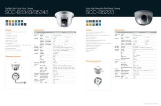 DayNight Vari-Focal Dome Camera                                                                                                                                         Super High-Resolution Mini Dome Camera
                                                                                                                                                                        High Resolution Color Camera

SCC-B5343/B5345                                                                                                                                                         SCC-B5223
                                                                                                                                                                        SCC-B1311/B1011P


Features                                                      Specifications                                                                                            Features                                                            Specifications
• 1/3" SONY 410K/470K Pixels Super-HAD IT CCD                 Model                                    SCC-B5343N/B5345N                   SCC-B5343P/B5345P            • 1/3" SONY 410K/470K Pixels Super-HAD CCD                          Model                                        SCC-B5223N                    SCC-B5223P
• Vari-Focal lens                                             Camera Type Color/BW                     Color                                                            • High Resolution : 600 TV Lines                                    Camera Type Color/BW                         Color
  SCC-B5343 : f=2.5~6mm                                       Image        Device                      1/3" Super-HAD IT CCD                                            • Min. illumination 0.075 Lux (F2.0, 15 IRE, Sens-Up 4x, Color)     Image         Device                         1/3" Super-HAD IT CCD
  SCC-B5345 : f=2.9~10mm                                                   Pixels      Effective       768 x 494                           752 x 582                    • f=3.0 mm, Fixed Iris Lens                                                       Pixels        Effective        768 x 494                        752 x 582
• Day/Night function (ICR)                                    Scanning     System                      Interlace                                                        • Sens-Up Function (4x)                                             Scanning      System                         Interlace
• High resolution : 540 TV lines                                           Horizontal Internal Mode    15,734                              15,625                       • Motion Adaptive Digital Noise Reduction (3D+2D)                                 Horizontal Internal Mode       15,734 Hz                        15,625 Hz
• DNR (Digital Noise Reduction)                                            Frequency Line-lock Mode    15,750                              15,625                       • eXtended Dynamic Range (XDR)                                                    Frequency Line-lock Mode       15,750 Hz                        15,625 Hz
• Min. illumination :                                                      Vertical    Internal Mode   59.94                               50                                                                                                             Vertical      Internal Mode    59.94 Hz                         50 Hz
                                                                                                                                                                        • CCVC (Camera Control Via Coaxial cable, Controller : SCX-RD100)
                                                                           Frequency Line-lock Mode    60                                  50                                                                                                             Frequency Line-lock Mode       60 Hz                            50 Hz
  0.0009(Color)/0.00009(BW) Lux (F1.2, 15IRE, Sens-up 128x)                                                                                                             • Electronic Level Control (Manual Lens)
                                                              Resolution   Horizontal                  540(Color)/570(BW) TV Lines                                                                                                          Resolution    Horizontal                     600 TV Lines
• Dynamic CCD Defect Compensation                                                                                                                                       • Auto White Balance (ATW/AWC)
                                                              Min. Scene   Color                       0.12 Lux(15IRE, Off) 0.0009 Lux(15IRE, Sens-up 128x)                                                                                 Min. Scene    Sens-up off                    0.3Lux(15IRE), 0.6Lux(30IRE), 1.0Lux(50IRE) @F2.0
• 3-Way Gimbals Structure                                                                                                                                               • 3-Way Gimbals Structure
                                                              Illumination BW                          0.012 Lux(15IRE, Off) 0.00009 Lux(15IRE, Sens-up 128x)                                                                               Illumination Sens-up                         0.075Lux(15IRE), 0.15Lux(30IRE), 0.25Lux(50IRE) @F2.0
• AC24V/DC12V Dual Power (Line Lock)                          PAN/TILT     Panning                     Left 255˚ / Right 100˚ / Total 355˚(Manual)                      • Mini Compact Size                                                 Functions     Sens Up                        Auto 4x
                                                                           Tilting                     0 ~ 90˚(Manual)                                                  • DC12V                                                                           BLC                            Auto
                                                              Functions    Day/Night                   On/Off (ICR)                                                                                                                                       AGC                            Auto
                                                                           Sens Up                     On(128x) / Off                                                                                                                                     ELC                            On ( ~ 1/200Ksec)
Dimensions (unit:mm)                                                       BLC                         On/Off                                                                                                                                             White Balance                  ATW/AWC
                                                                           AGC                         On/Off                                                                                                                                             Digital Noise Reduction        Auto
                                                                           Line Lock                   On/Off                                                                                                                               Video Output VBS 1.0Vp-p                     VBS 1.0Vp-p
                                                                           White Balance               ATW/AWC                                                          Dimensions (unit:mm)                                                S/N Ratio                                    52 dB
                                                              Video Output VBS 1.0Vp-p                 VBS 1.0Vp-p                                                                                                                          Lens          Focal Length                   3.0 mm
                                                              S/N Ratio                                50 dB                                                                                                                                              Aperature Ratio                F2.0
                                                              Lens          Focal Length               SCC-B5343 : 2.5~6mm / SCC-B5345 : 2.9~10mm                                                                                                         Viewing Angle Wide             92˚(H) x 72˚(V)
                                                                            Viewing      Tele          SCC-B5343 : 46˚(H) x 34˚(V) / SCC-B5345 : 28.8˚(H) x 21.6˚(V)                                                                                      Lens Drive Type / Mount Type   MANUAL / Board Type
                                                                            Angle        Wide          SCC-B5343 : 108˚(H) x 80˚(V) / SCC-B5345 : 94.6˚(H) x 68.4˚(V)                                                                       Remote        CCVC                           Yes (with SCX-RD100)
                                                                            Lens Drive Type            DC Auto Iris                                                                                                                         Environmental Operating Temperature          Absolute : -10˚C ~ +50˚C / Sustained : -20˚C ~ +60˚C
                                                                            Mount Type                 Board-in type                                                                                                                        Conditions    Operating Humidity             Less than 90%
                                                              Environmental Operating Temperature      -10˚C ~ +50˚C                                                                                                                        Power         Power Requirement              12 VDC ±10%
                                                              Conditions    Operating Humidity         Less than 90%                                                                                                                        Physical      Dimensions                     85(ø) x 54(H) mm
                                                              Power         Power Requirement          24 VAC ±10% / 12 VDC ±10%                                                                                                            Specification Weight                         120 g
                                                                            Power Consumption          1.7W                                                                                                                                               Color         Body             Silver
                                                              Physical      Dimensions                 128(ø) x 91(H)mm
                                                              Specification Weight                     293g
                                                                            Color        Body          White




                                                                                                                                                                                                                                                                                                                   Samsung Video Security System | 48 . 49
 